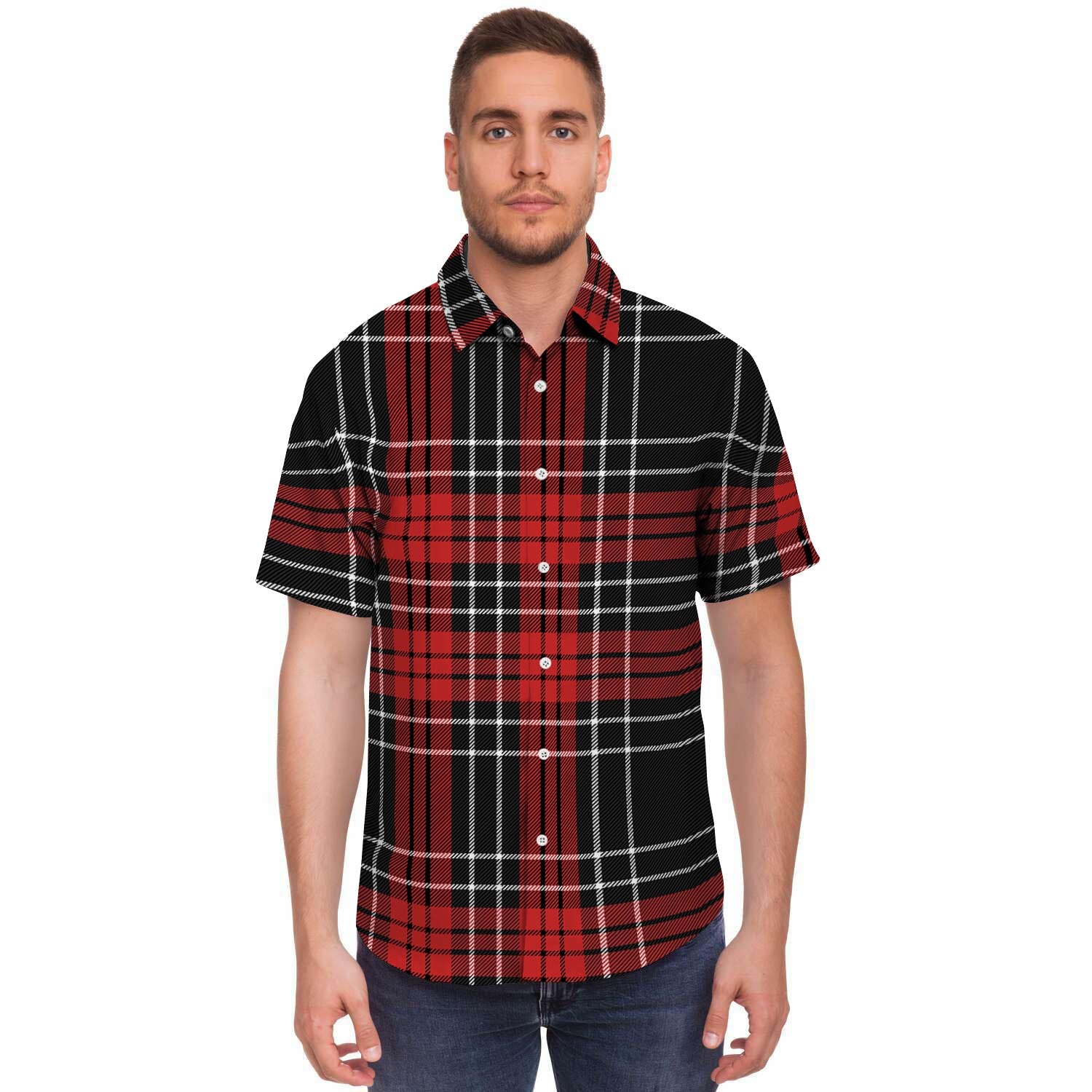 Christmas Red Plaid Scottish Men's Short Sleeve Shirt-grizzshop