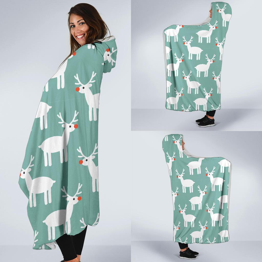 Christmas Reindeer Pattern Print Hooded Blanket-grizzshop