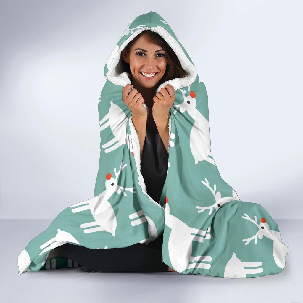 Christmas Reindeer Pattern Print Hooded Blanket-grizzshop