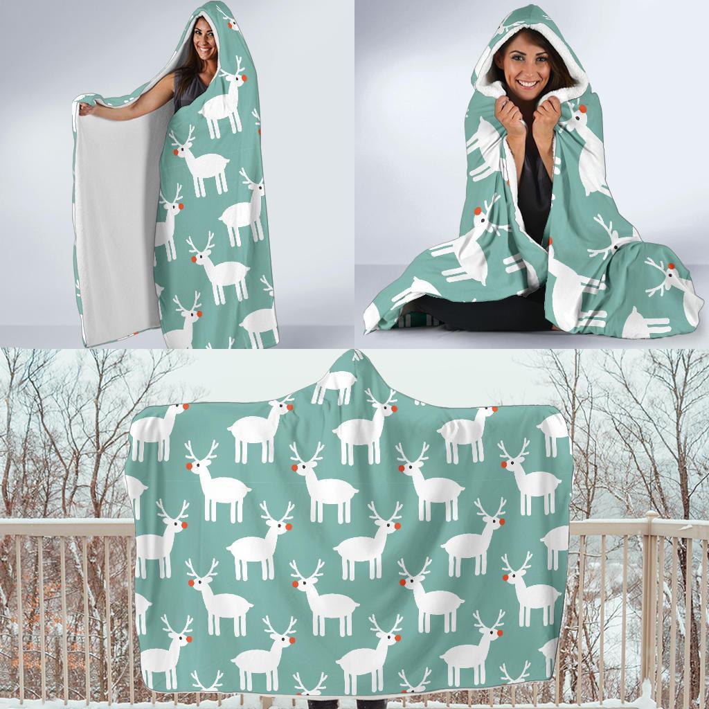 Christmas Reindeer Pattern Print Hooded Blanket-grizzshop