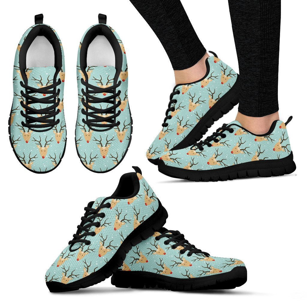 Christmas Reindeer Print Pattern Black Sneaker Shoes For Men Women-grizzshop