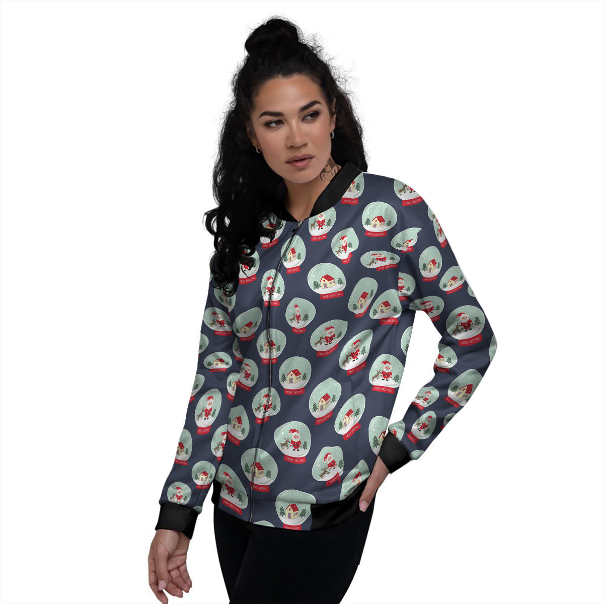 Christmas Snow Globe Print Pattern Women's Bomber Jacket-grizzshop