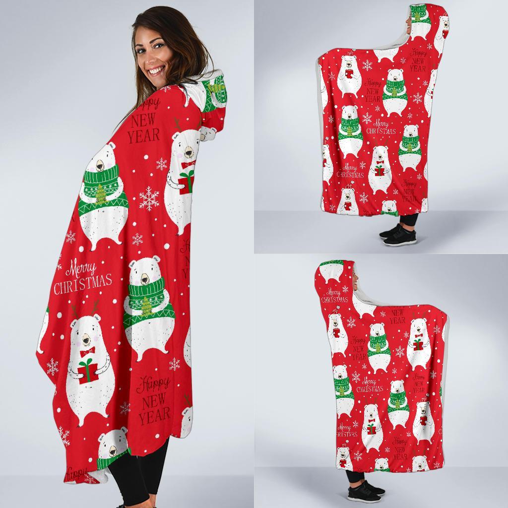 Christmas Teddy Bear Pattern Print Hooded Blanket-grizzshop