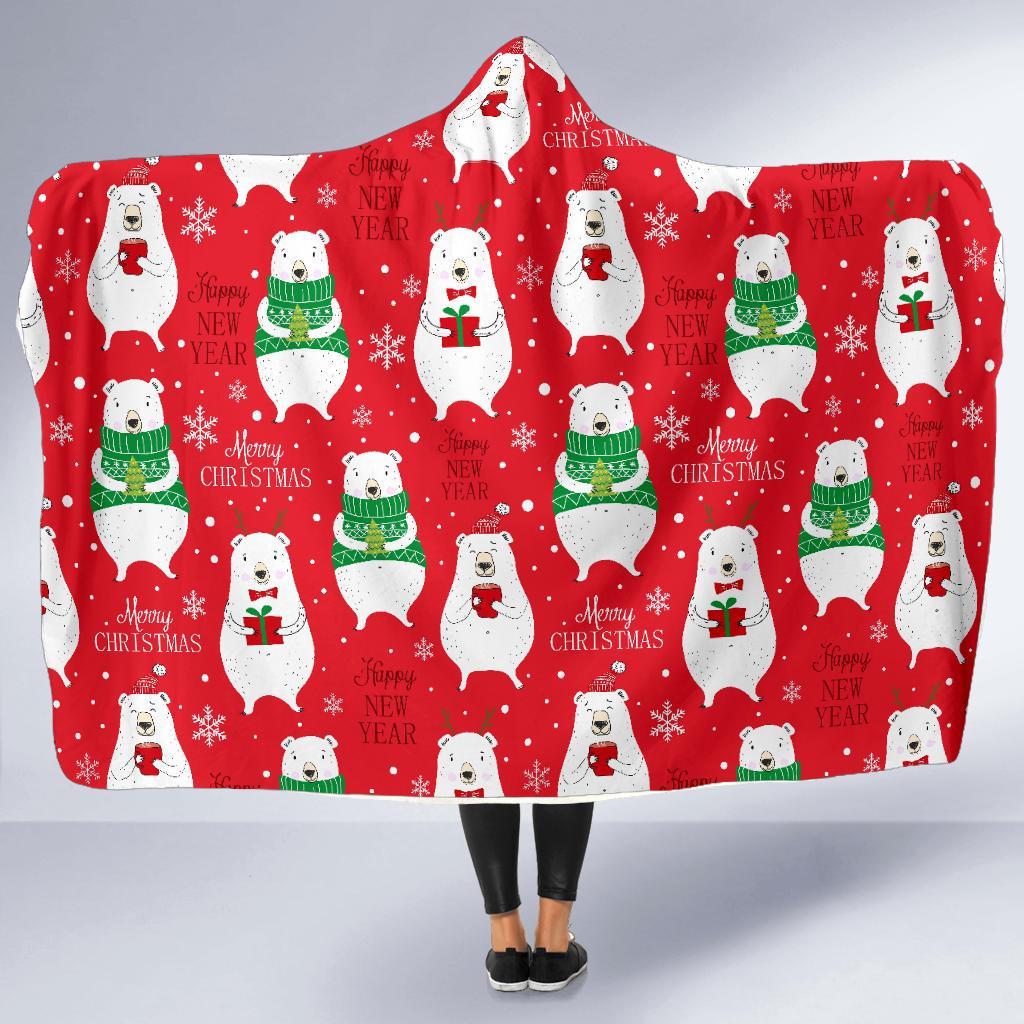 Christmas Teddy Bear Pattern Print Hooded Blanket-grizzshop