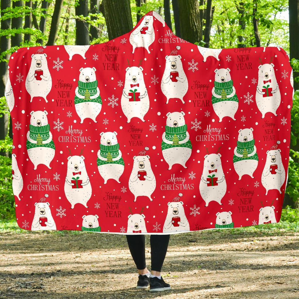 Christmas Teddy Bear Pattern Print Hooded Blanket-grizzshop