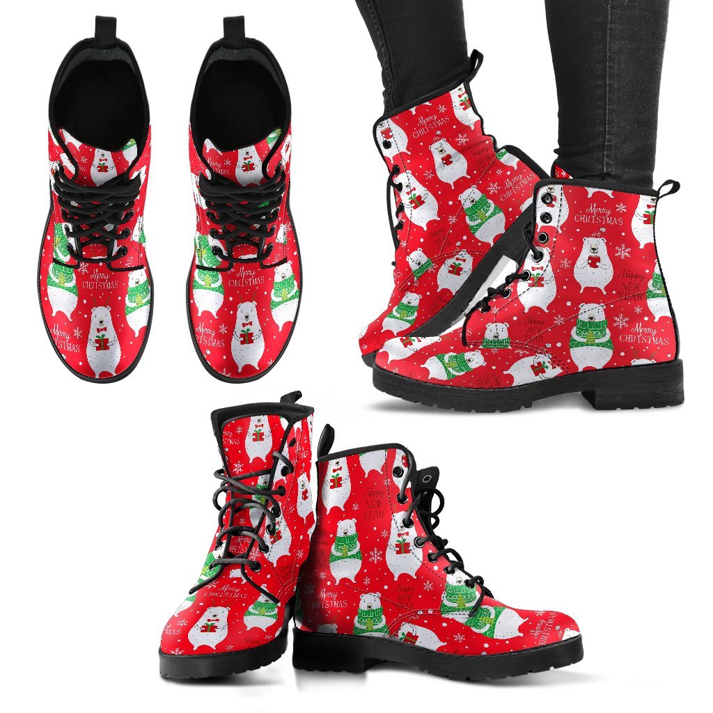 Christmas Teddy Bear Pattern Print Men Women Leather Boots-grizzshop