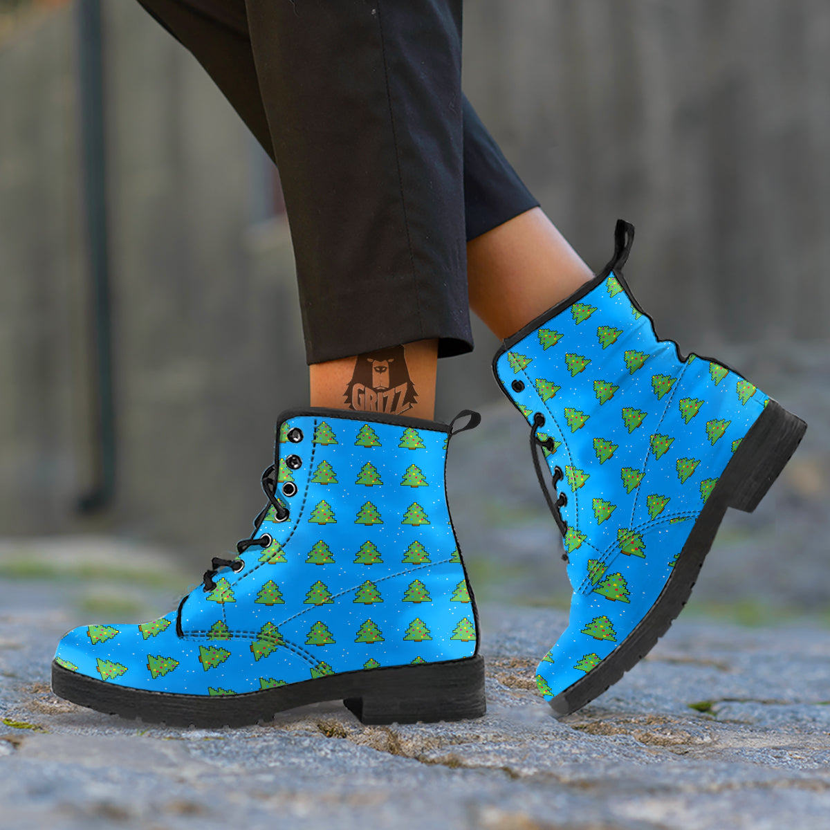 Christmas Tree 8-Bit Pixel Print Pattern Leather Boots-grizzshop