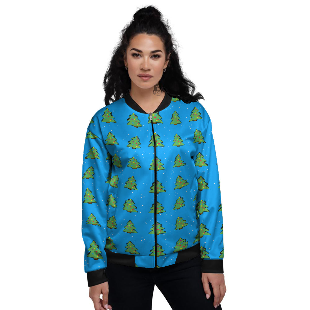 Christmas Tree 8-Bit Pixel Print Pattern Women's Bomber Jacket-grizzshop