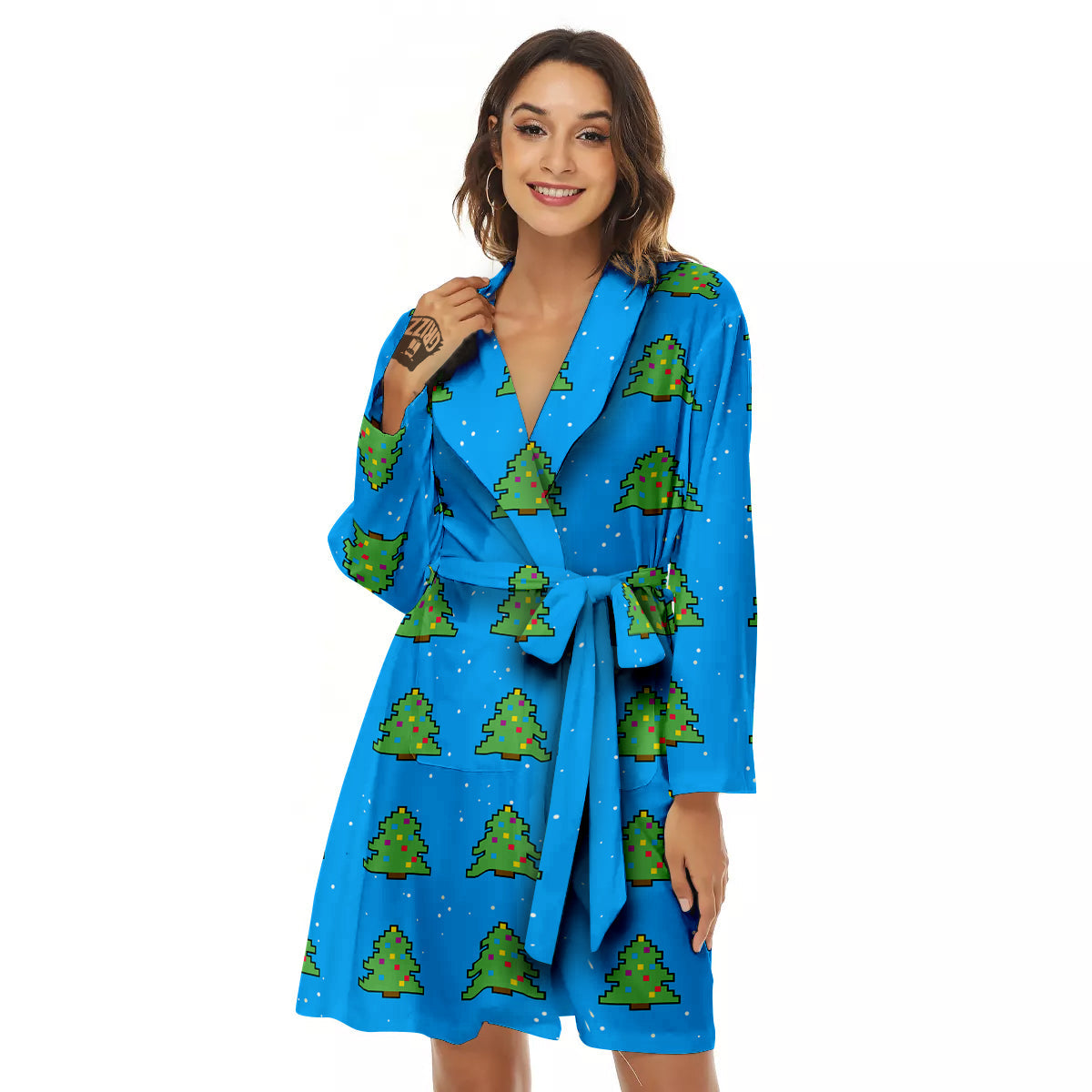 Christmas Tree 8-Bit Pixel Print Pattern Women's Robe-grizzshop
