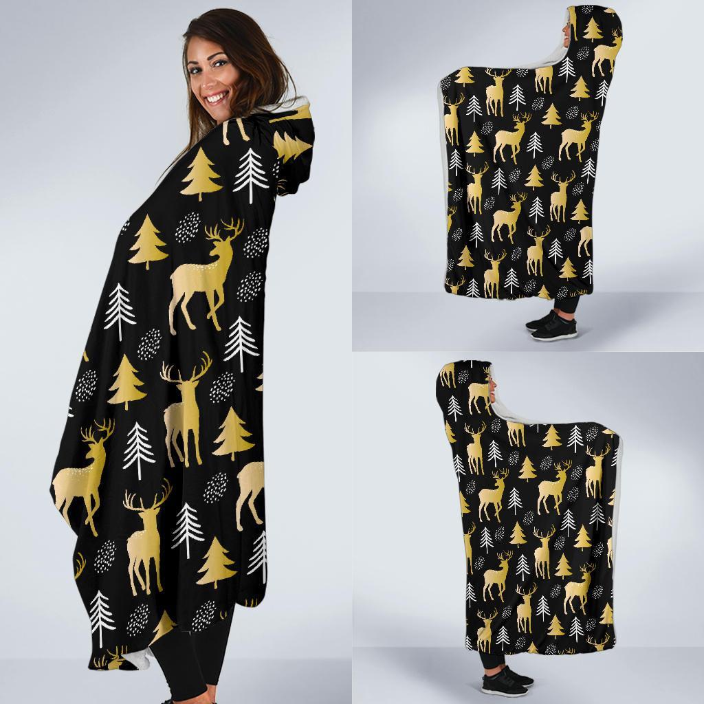 Christmas Tree Deer Pattern Print Hooded Blanket-grizzshop