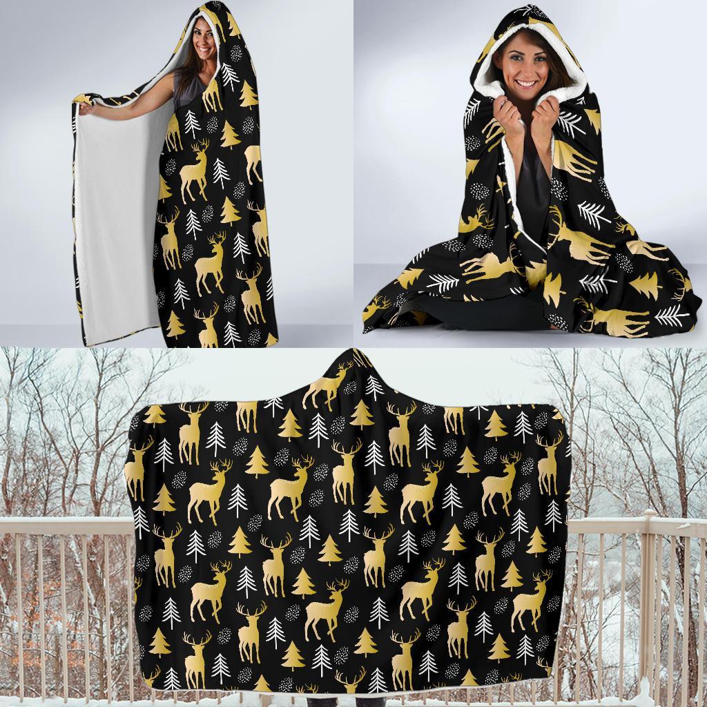 Christmas Tree Deer Pattern Print Hooded Blanket-grizzshop