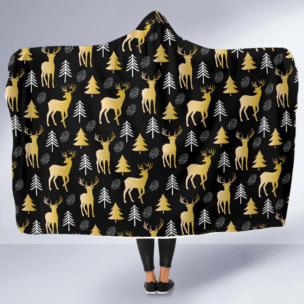 Christmas Tree Deer Pattern Print Hooded Blanket-grizzshop