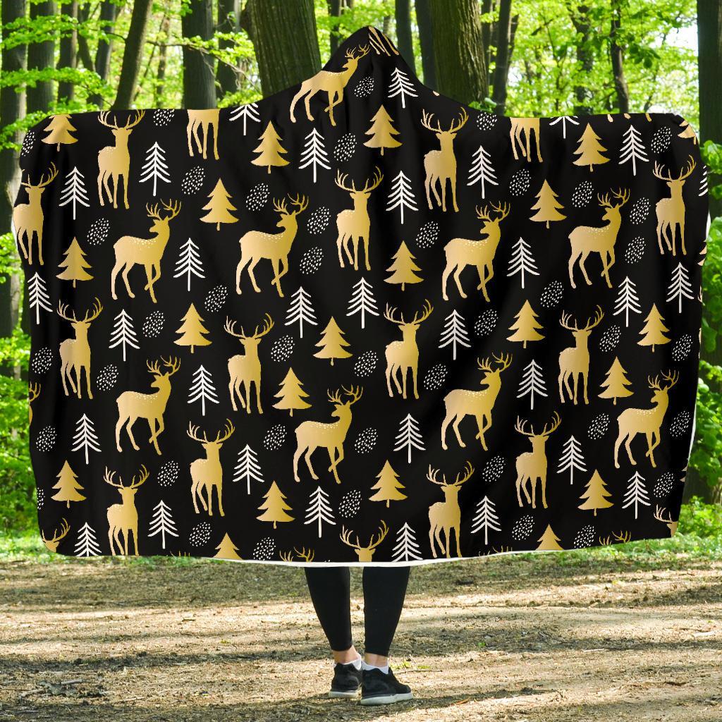 Christmas Tree Deer Pattern Print Hooded Blanket-grizzshop