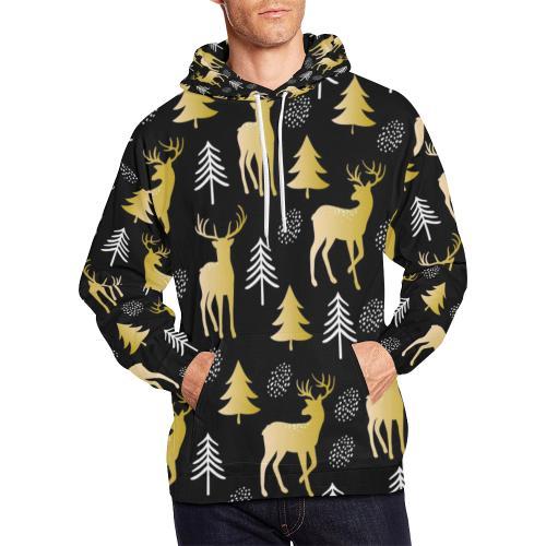 Christmas Tree Deer Pattern Print Men Pullover Hoodie-grizzshop