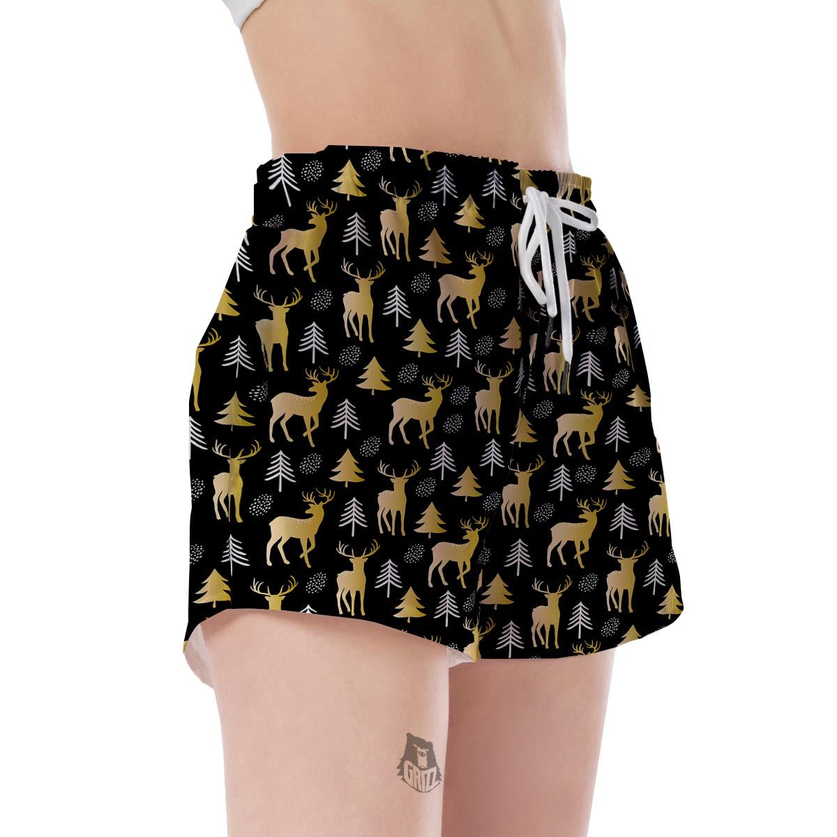 Christmas Tree Deer Pattern Print Women's Shorts-grizzshop