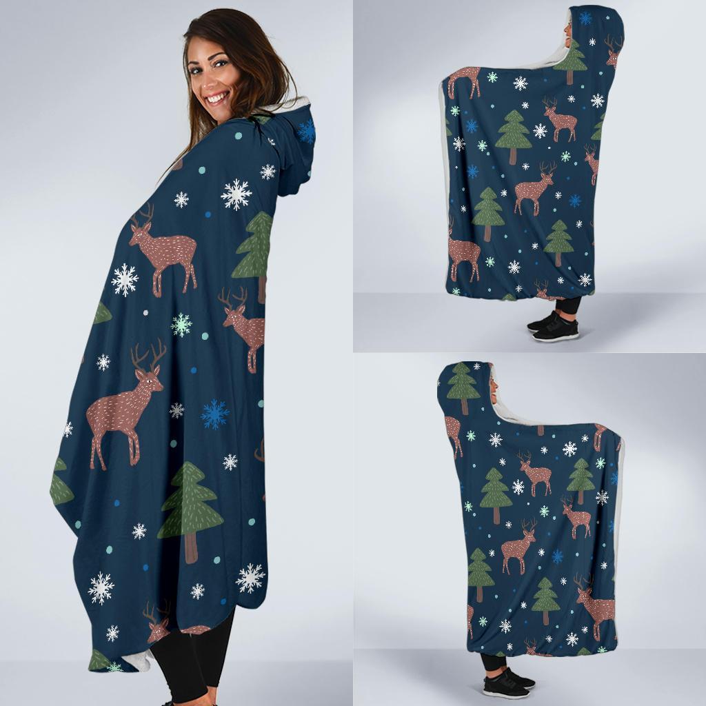 Christmas Tree Moose Pattern Print Hooded Blanket-grizzshop