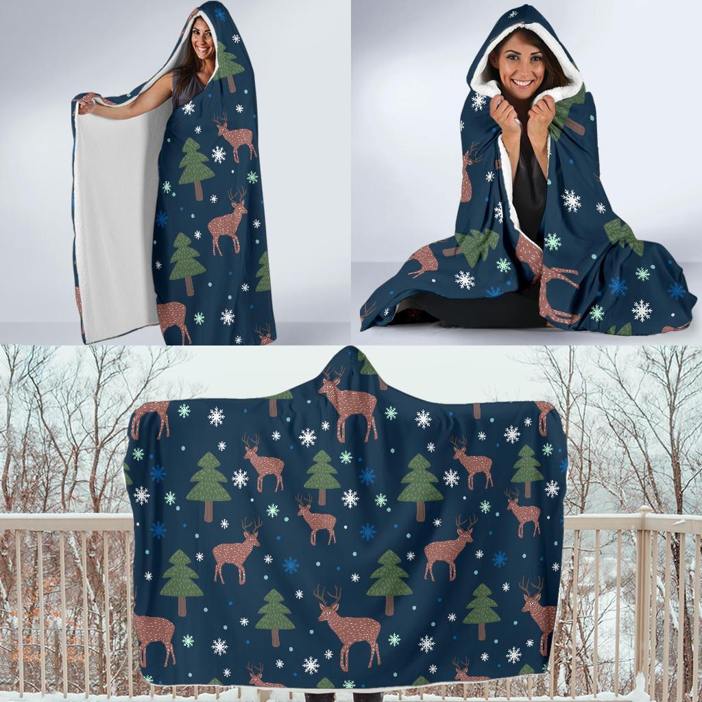 Christmas Tree Moose Pattern Print Hooded Blanket-grizzshop