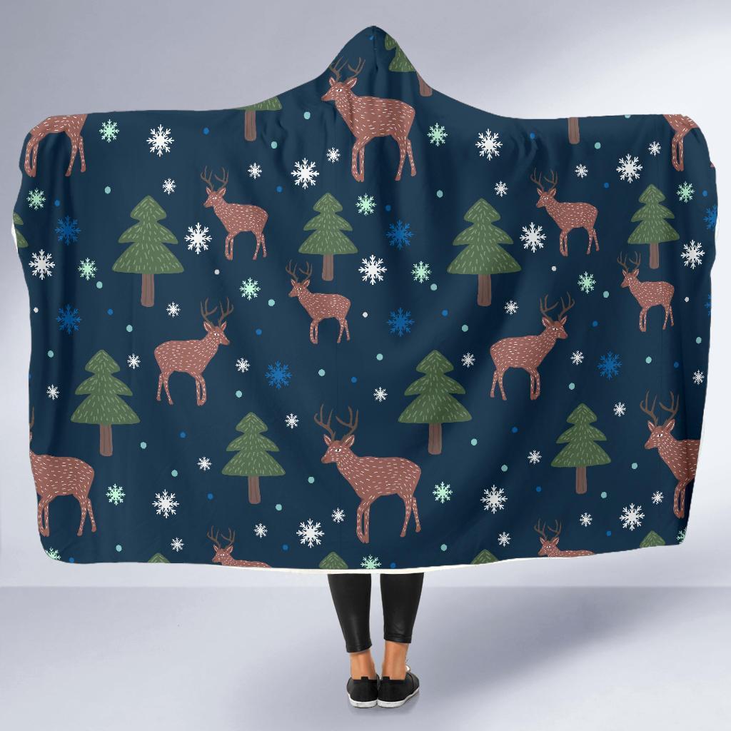 Christmas Tree Moose Pattern Print Hooded Blanket-grizzshop