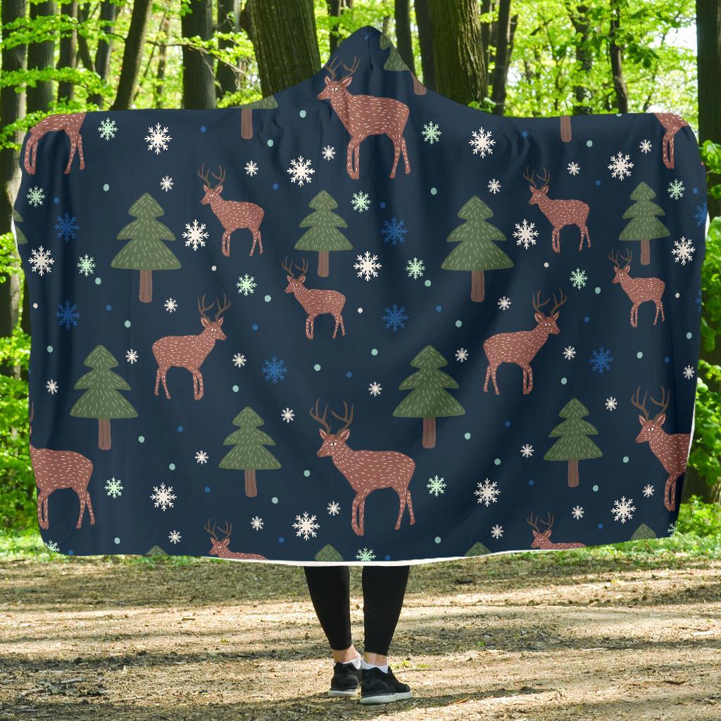 Christmas Tree Moose Pattern Print Hooded Blanket-grizzshop