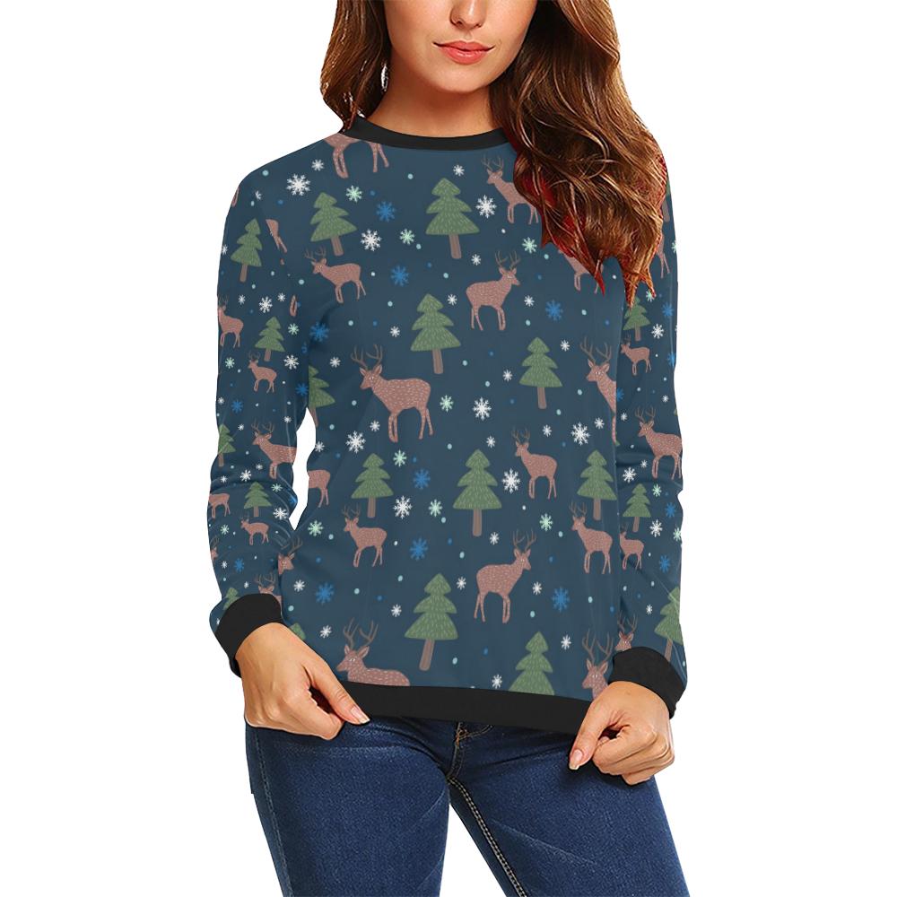 Christmas Tree Moose Pattern Print Women Crewneck Sweatshirt-grizzshop