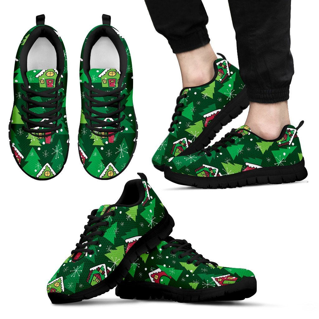 Christmas Tree Pattern Print Black Sneaker Shoes For Men Women-grizzshop