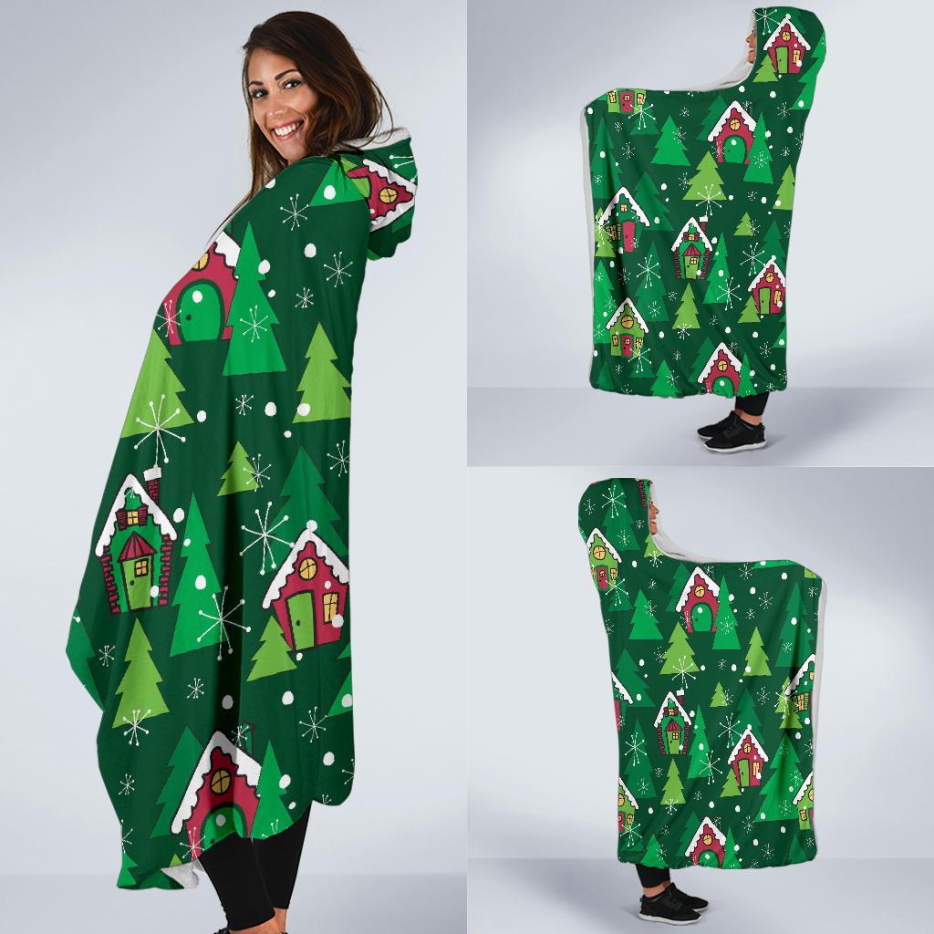 Christmas Tree Pattern Print Hooded Blanket-grizzshop