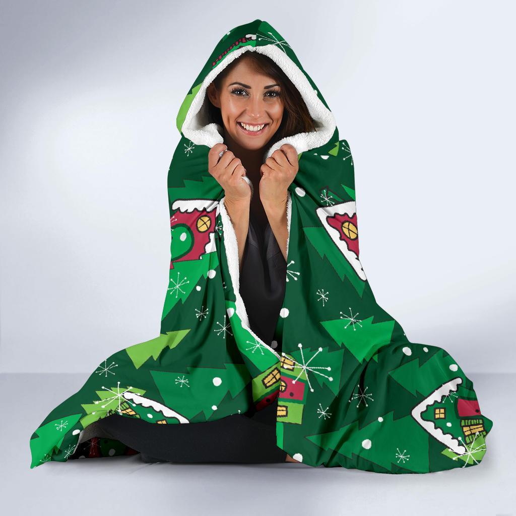 Christmas Tree Pattern Print Hooded Blanket-grizzshop