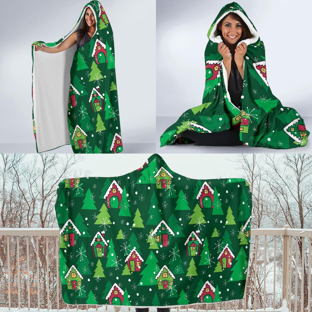 Christmas Tree Pattern Print Hooded Blanket-grizzshop