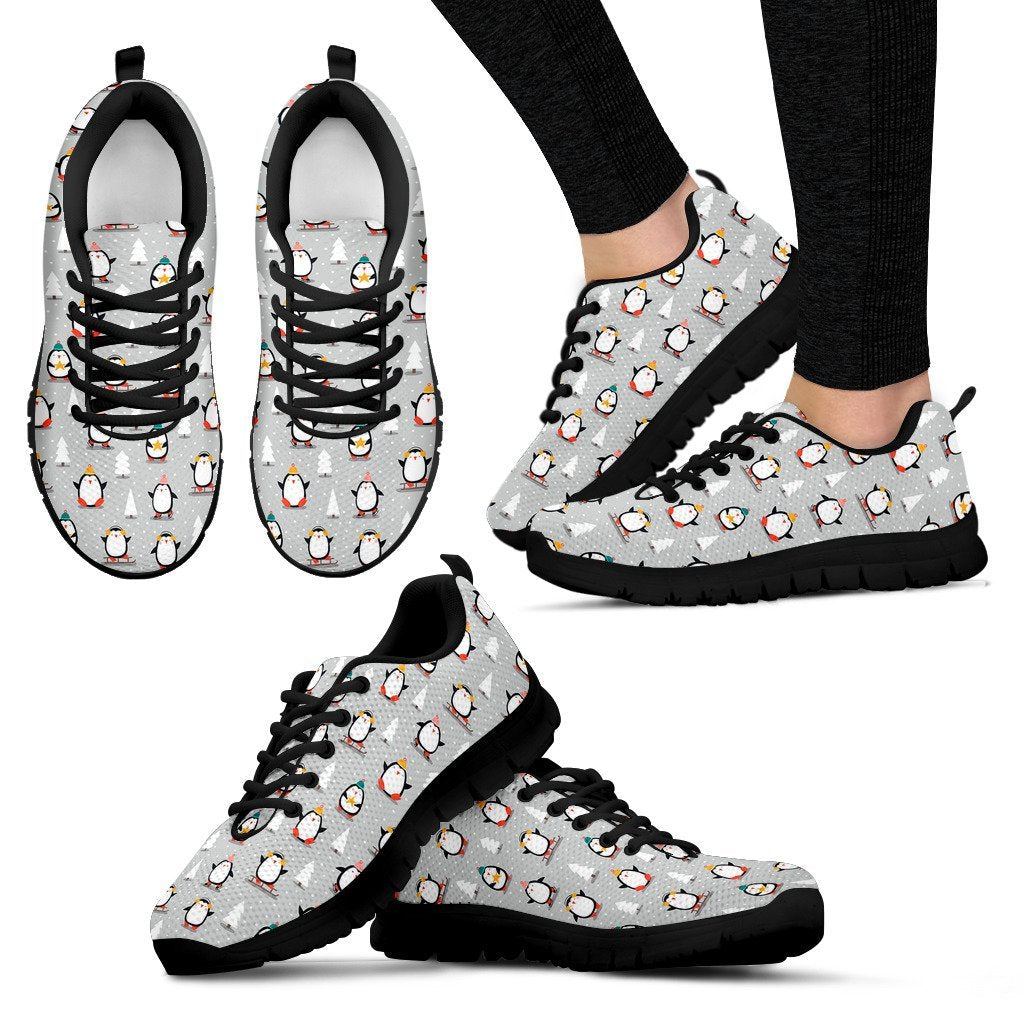 Christmas Tree Penguin Pattern Print Black Sneaker Shoes For Men Women-grizzshop