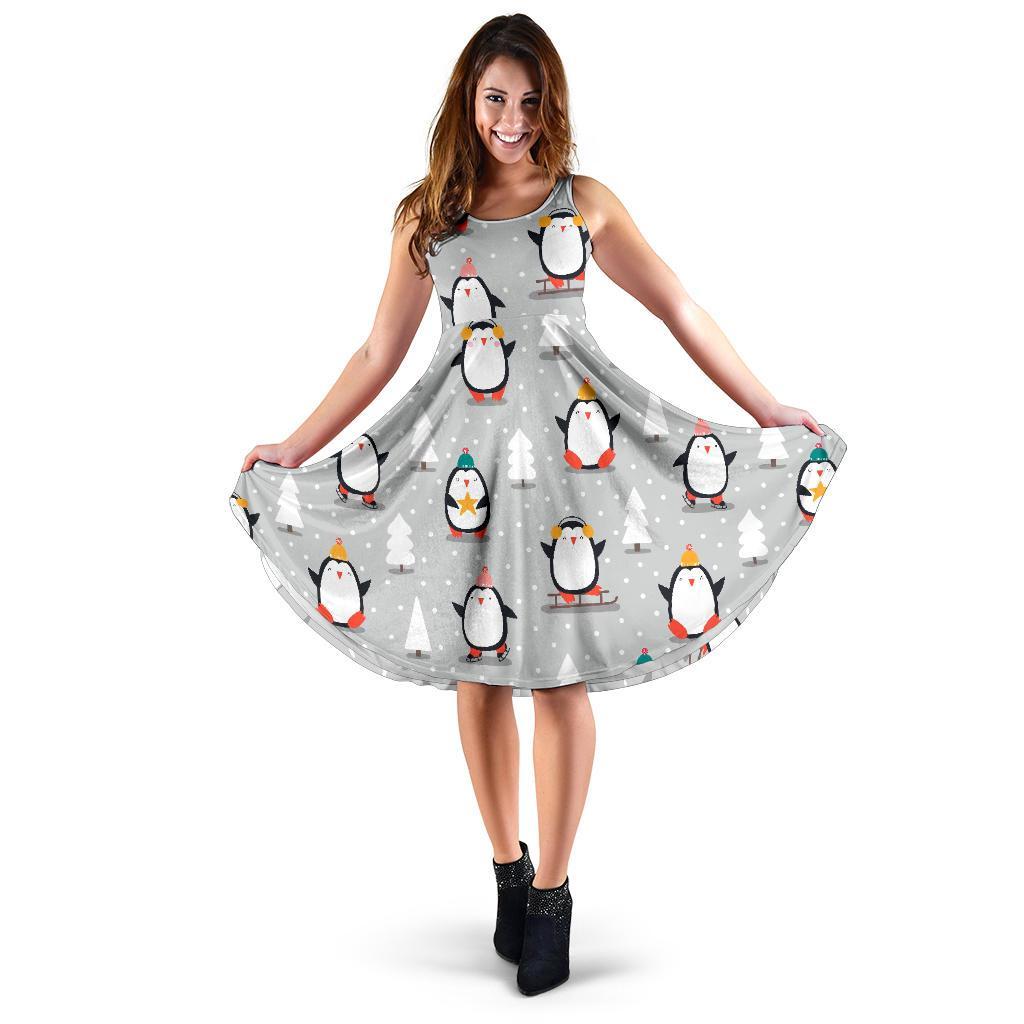 Christmas Tree Penguin Pattern Print Dress-grizzshop