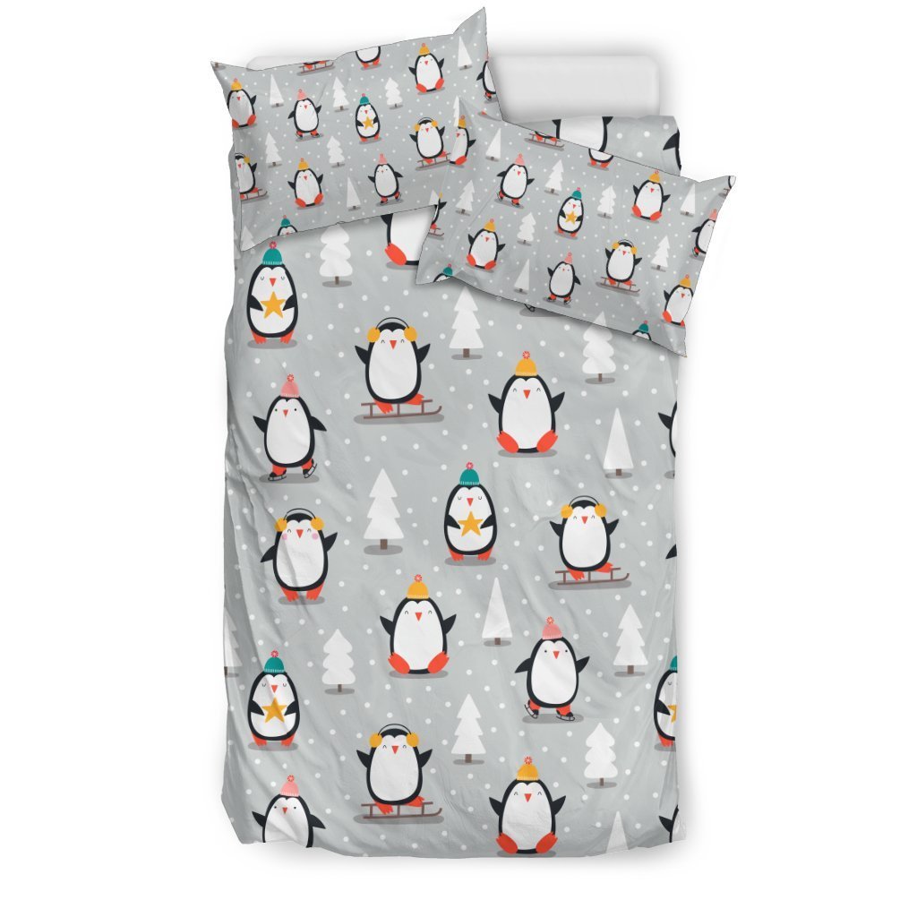 Christmas Tree Penguin Pattern Print Duvet Cover Bedding Set-grizzshop