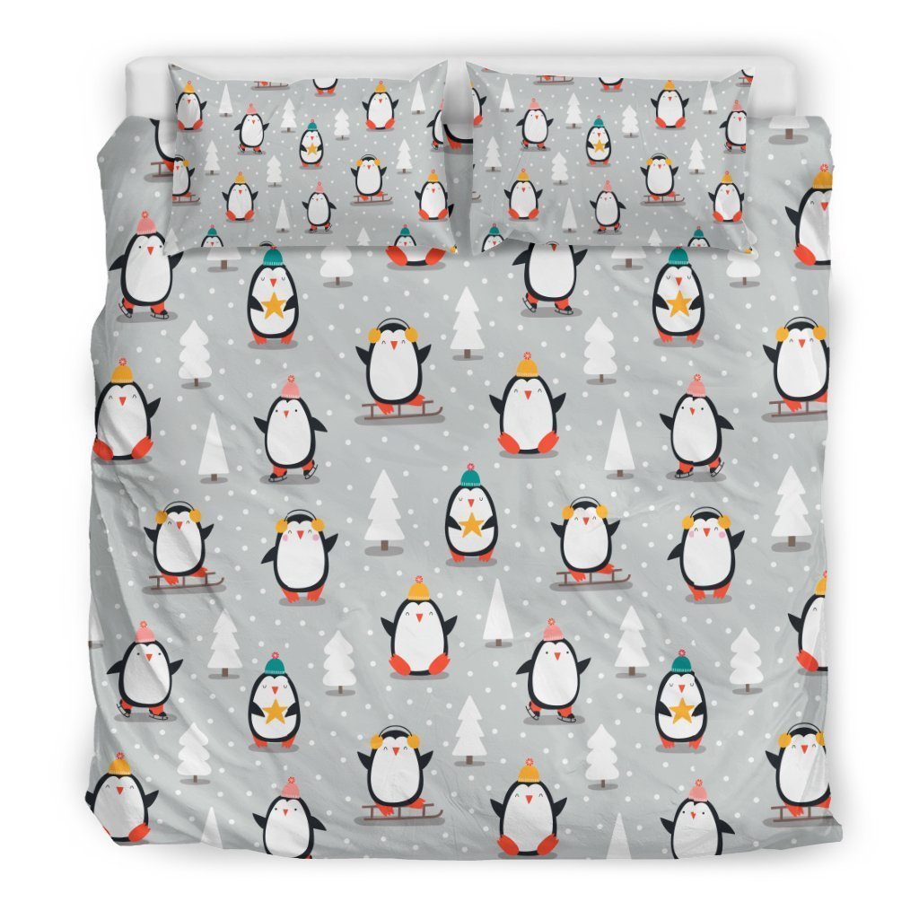 Christmas Tree Penguin Pattern Print Duvet Cover Bedding Set-grizzshop