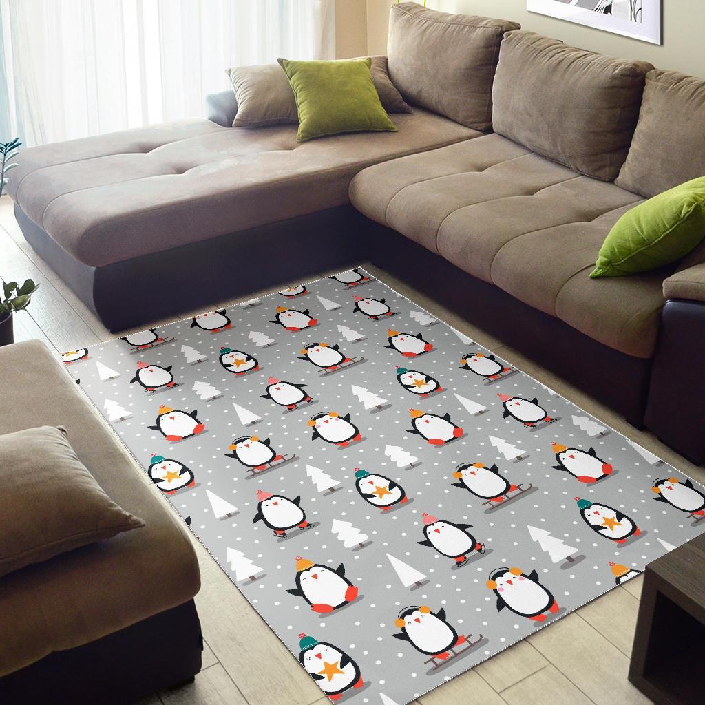 Christmas Tree Penguin Pattern Print Floor Mat-grizzshop