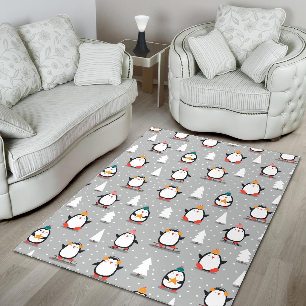 Christmas Tree Penguin Pattern Print Floor Mat-grizzshop