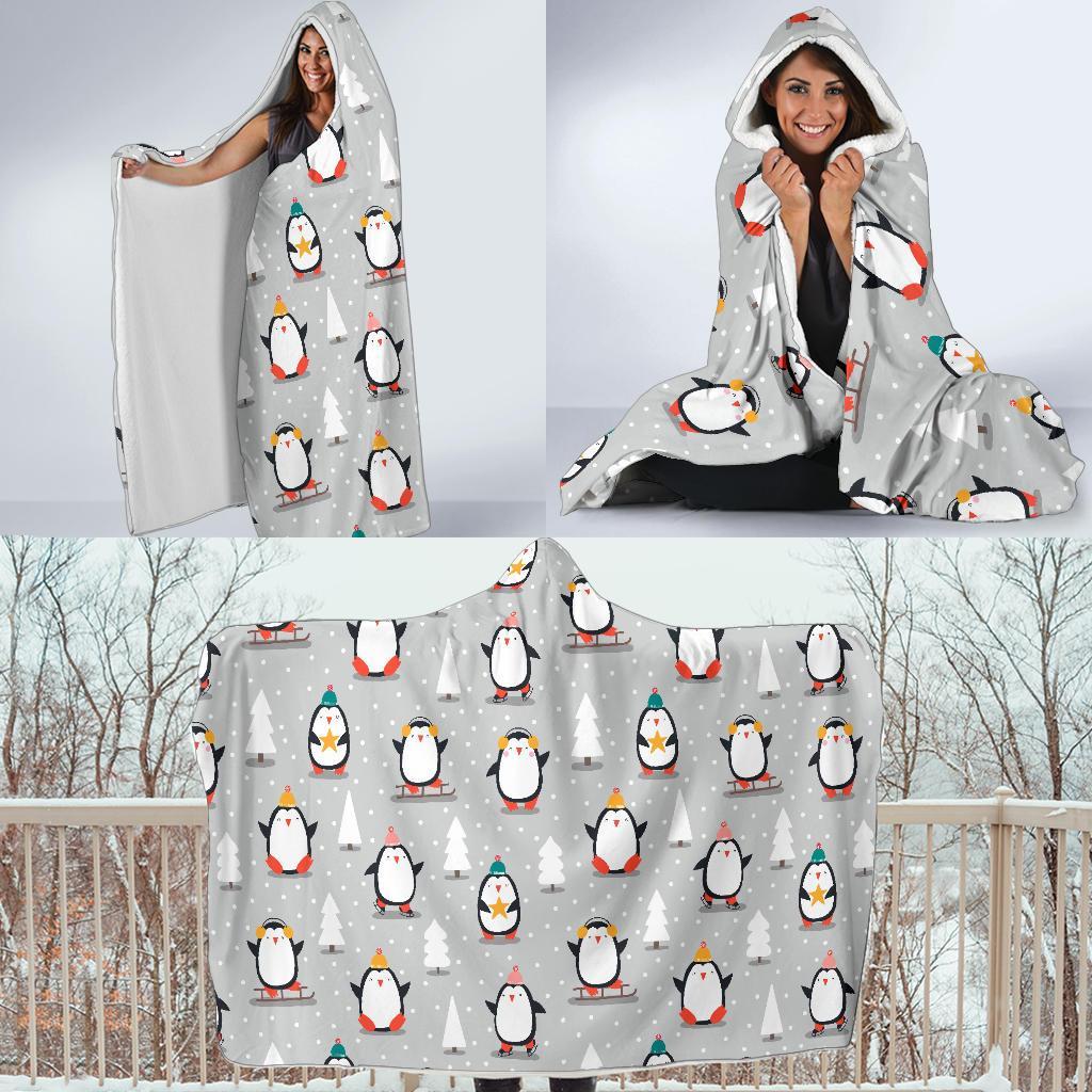 Christmas Tree Penguin Pattern Print Hooded Blanket-grizzshop