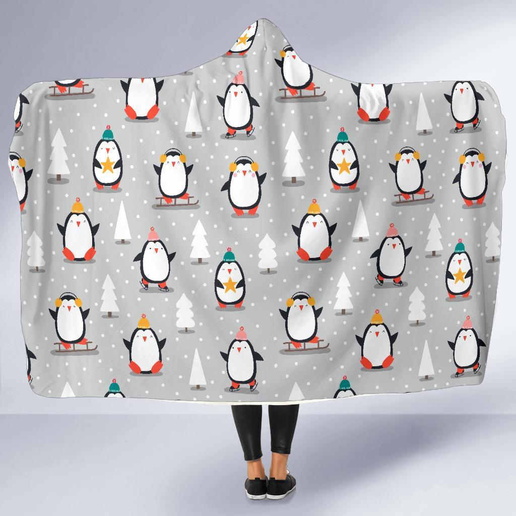 Christmas Tree Penguin Pattern Print Hooded Blanket-grizzshop