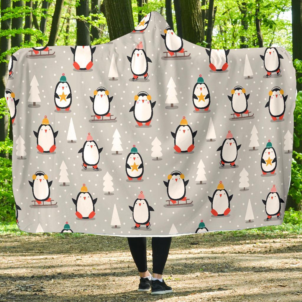 Christmas Tree Penguin Pattern Print Hooded Blanket-grizzshop