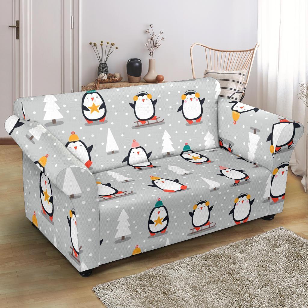 Christmas Tree Penguin Pattern Print Loveseat Cover-grizzshop