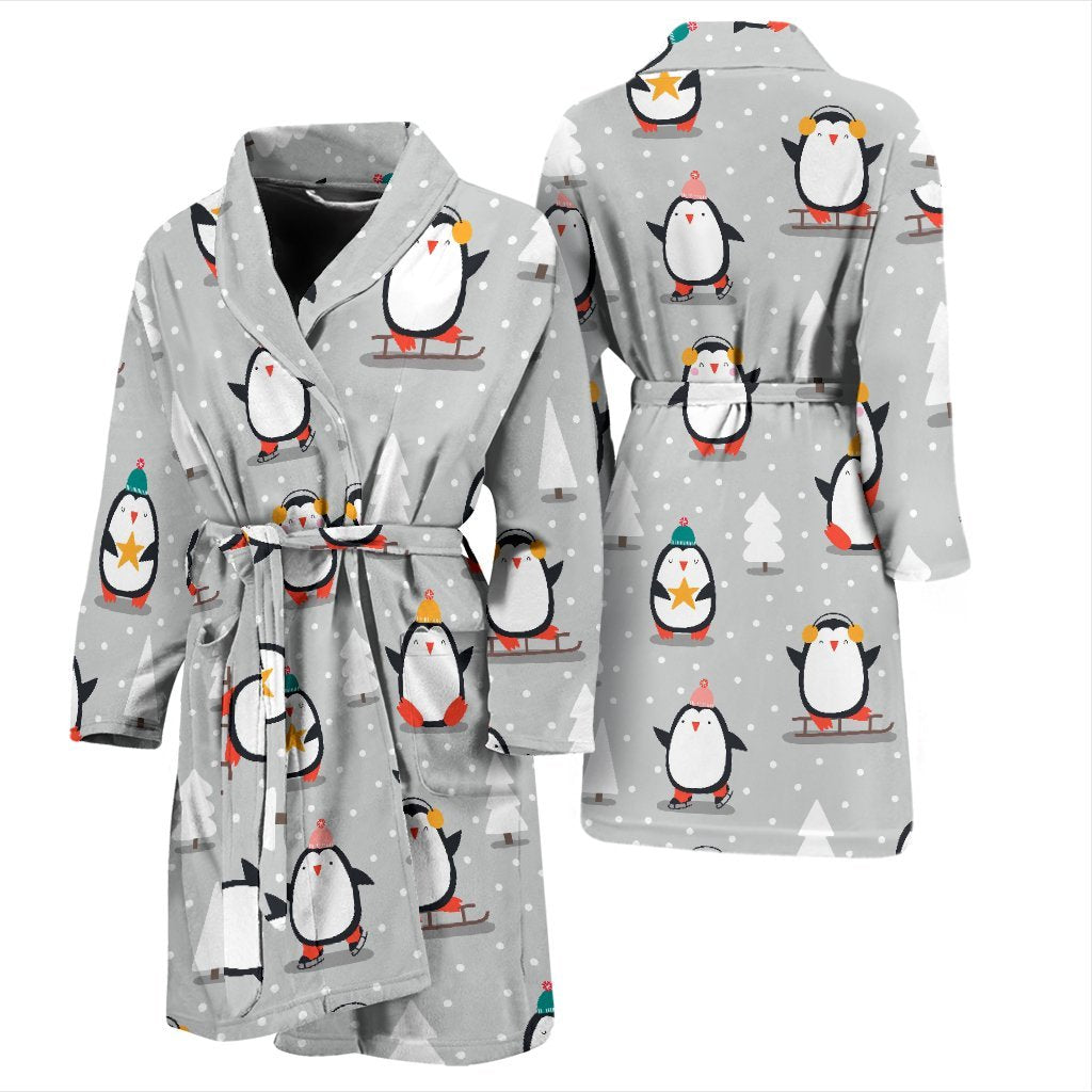 Christmas Tree Penguin Pattern Print Men Long Robe-grizzshop