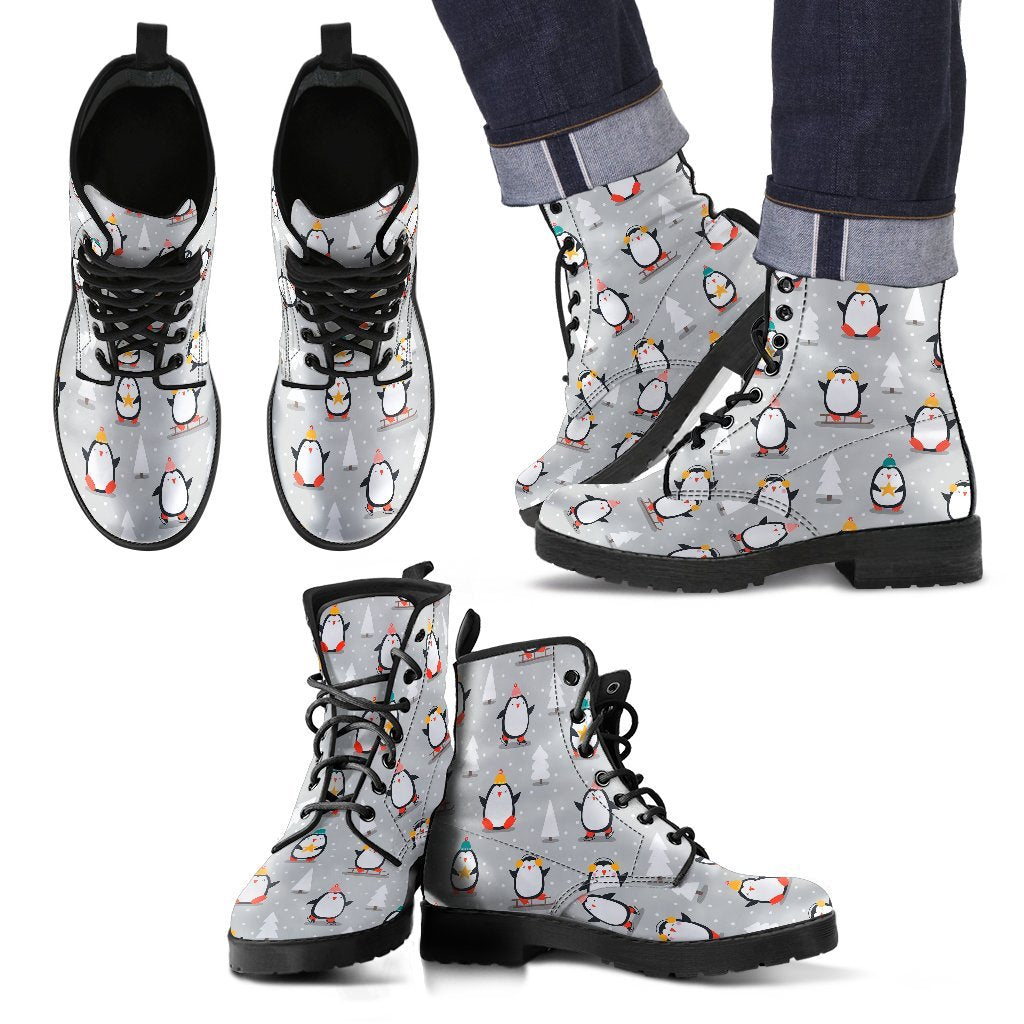 Christmas Tree Penguin Pattern Print Men Women Leather Boots-grizzshop