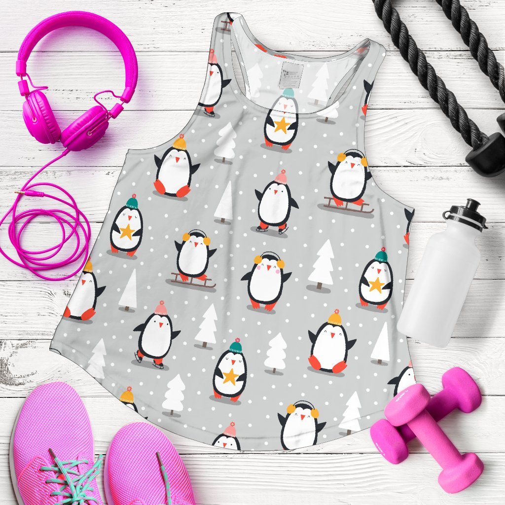 Christmas Tree Penguin Pattern Print Women's Racerback Tank Tops-grizzshop