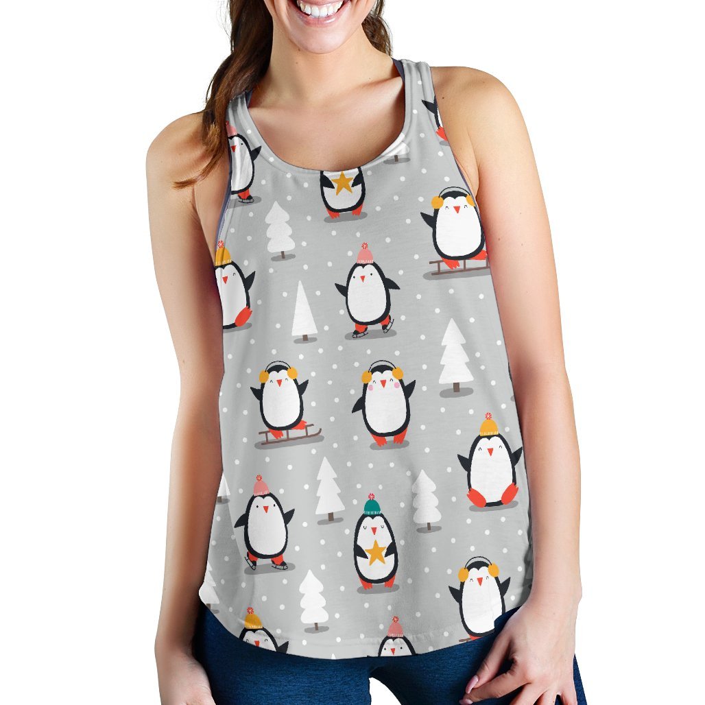 Christmas Tree Penguin Pattern Print Women's Racerback Tank Tops-grizzshop