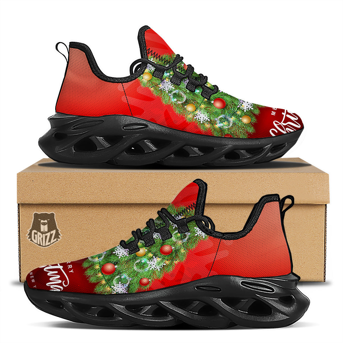 Christmas Tree Print Black Running Shoes-grizzshop