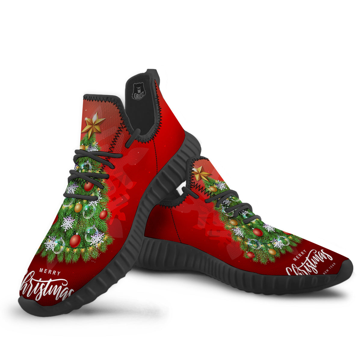 Christmas Tree Print Black Walking Shoes-grizzshop