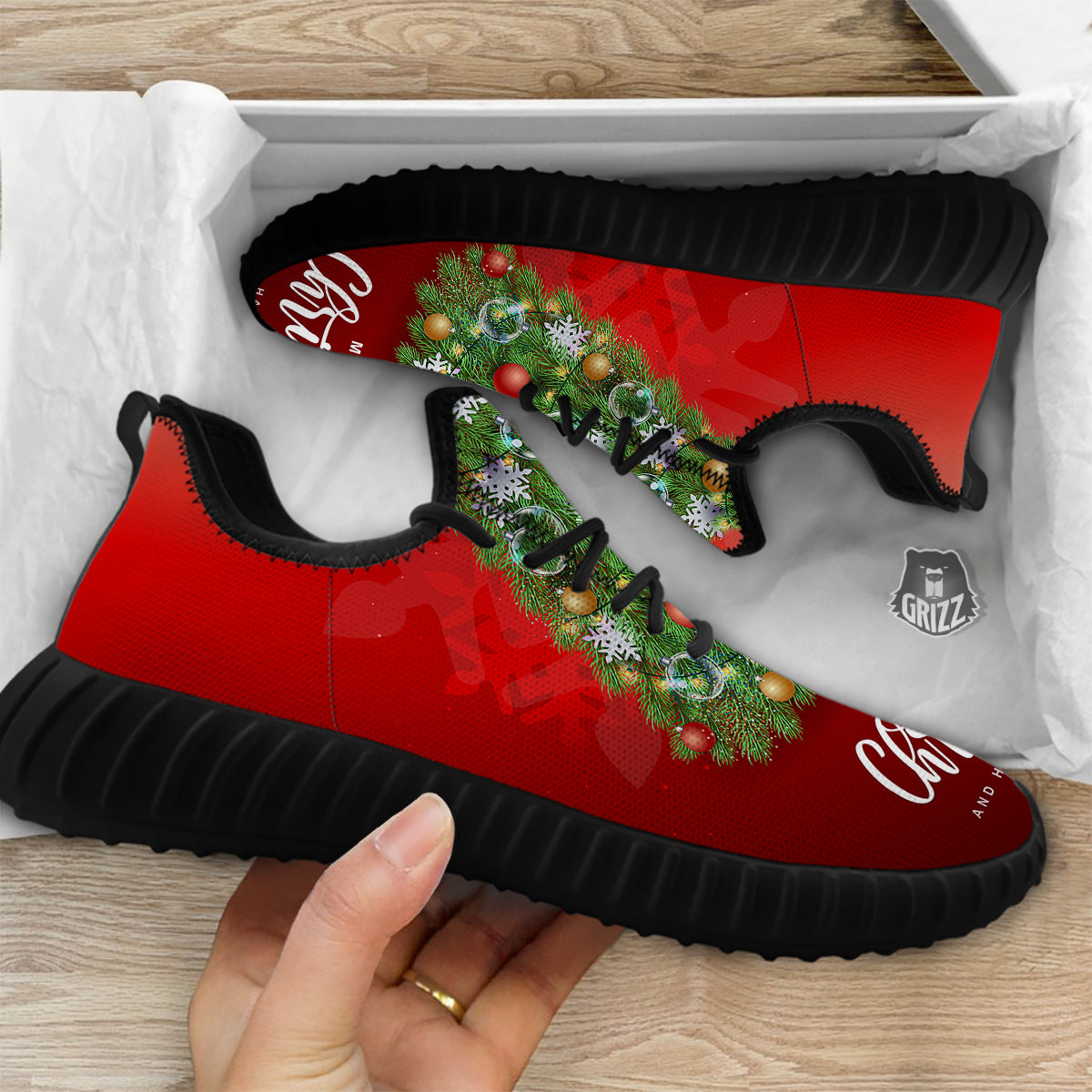 Christmas Tree Print Black Walking Shoes-grizzshop