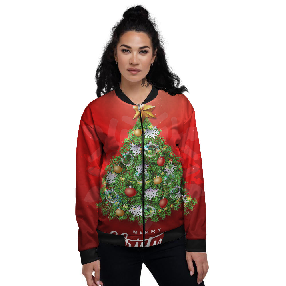 Christmas Tree Print Women's Bomber Jacket-grizzshop
