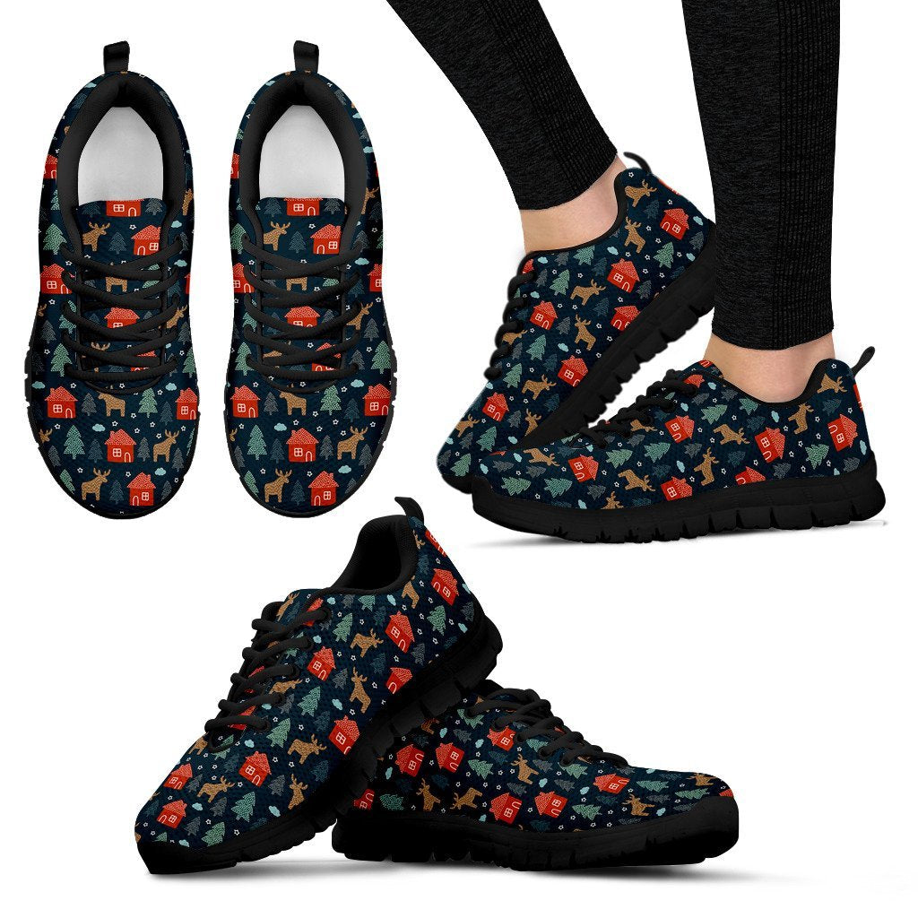 Christmas Tree Reindeer Pattern Print Black Sneaker Shoes For Men Women-grizzshop