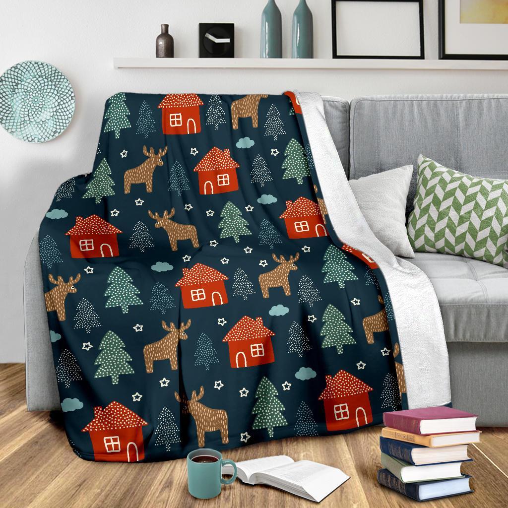 Christmas Tree Reindeer Pattern Print Blanket-grizzshop