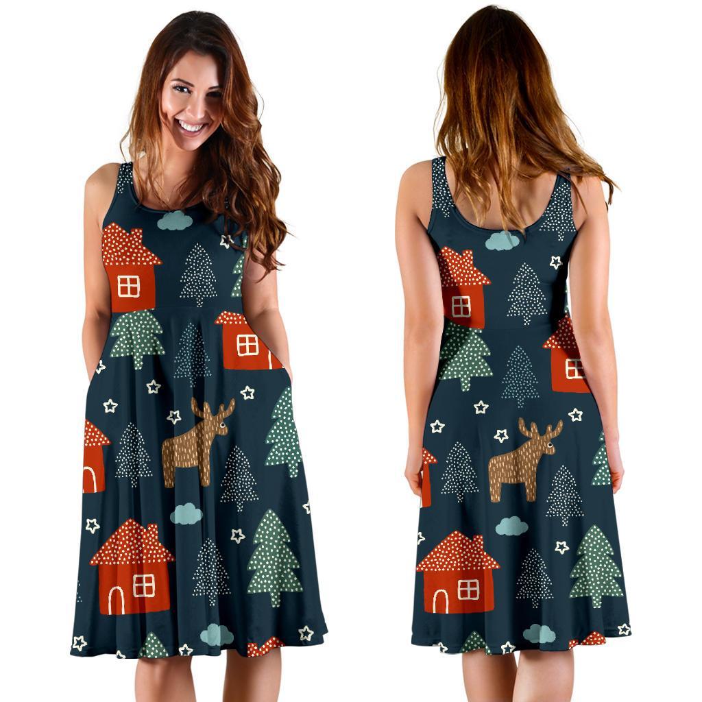 Christmas Tree Reindeer Pattern Print Dress-grizzshop