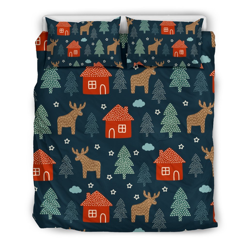 Christmas Tree Reindeer Pattern Print Duvet Cover Bedding Set-grizzshop